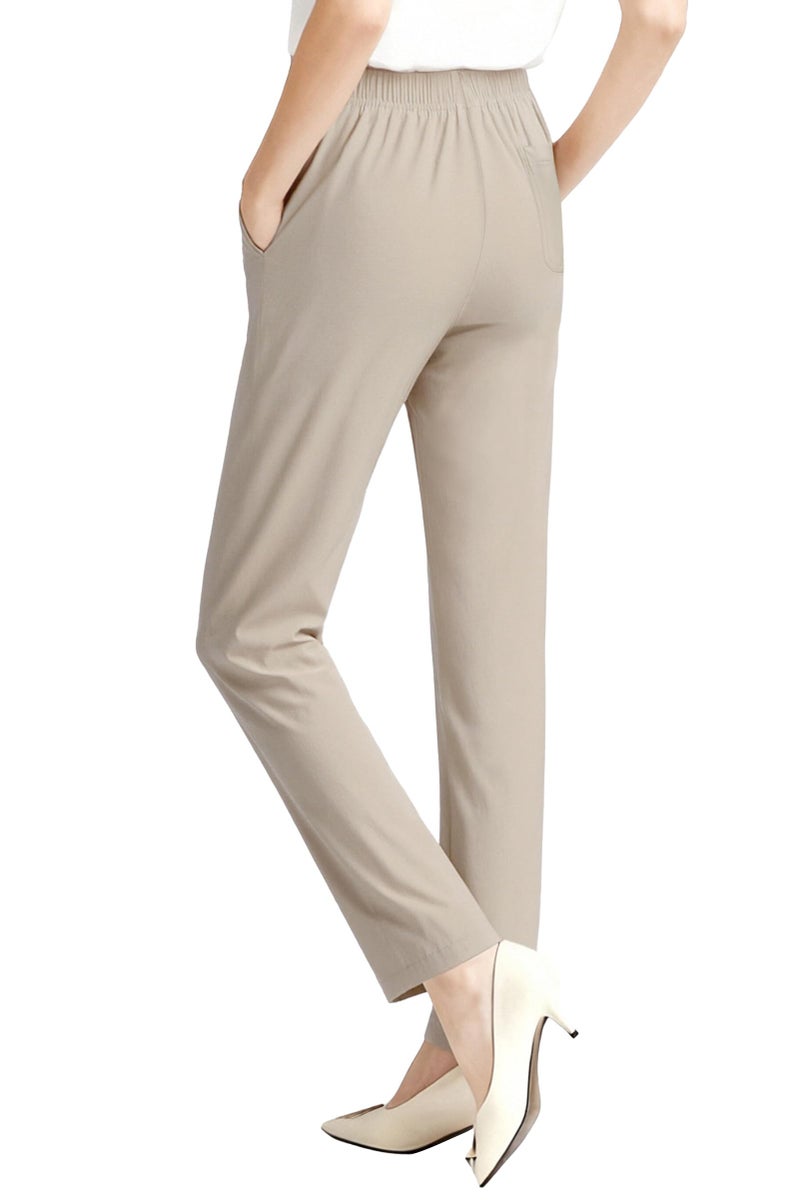 Soojun Womens Summer Elastic Waist Comfy Stretch Pull On Pants, Color Khaki, X-Large - Image 3